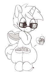 Size: 1280x1863 | Tagged: safe, artist:pabbley, imported from derpibooru, oc, oc only, oc:bandy cyoot, oc:lore love, pony, raccoon pony, box of chocolates, glasses, monochrome, one eye closed, simple background, sitting, tongue out, valentine, valentine's day, white background, wink