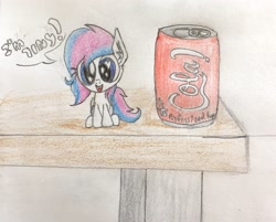 Size: 2767x2222 | Tagged: safe, artist:professionalpuppy, imported from derpibooru, oc, oc only, pony, heart eyes, micro, solo, table, tiny ponies, traditional art, wingding eyes