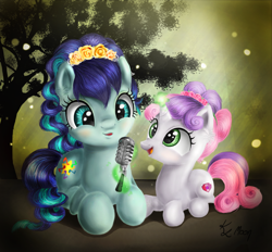 Size: 1024x952 | Tagged: safe, artist:lailyren, artist:moonlight-ki, imported from derpibooru, coloratura, sweetie belle, alternate hairstyle, magic, microphone, prone, rara, singing, telekinesis, tree