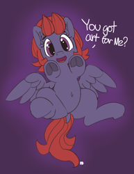 Size: 1280x1657 | Tagged: safe, artist:pabbley, imported from derpibooru, oc, oc only, oc:quick draw, pony, belly button, dialogue, dock, on back, open mouth, simple background, solo, spread wings, underhoof, white background