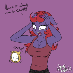 Size: 1500x1500 | Tagged: safe, artist:novaspark, imported from derpibooru, oc, oc only, oc:quick draw, anthro, 30 minute art challenge, alarm clock, armpits, breasts, cleavage, clock, clothes, dialogue, female, flat colors, purple background, simple background, solo, tanktop