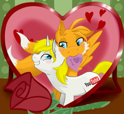 Size: 1596x1470 | Tagged: safe, artist:maranora, imported from derpibooru, oc, oc only, oc:hornycorn, oc:tails, pony, unicorn, blushing, commission, heart eyes, valentine's day, wingding eyes, ych result, youtube