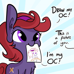 Size: 1280x1280 | Tagged: safe, artist:tjpones, imported from derpibooru, oc, oc only, oc:quick draw, earth pony, pony, 30 minute art challenge, abstract background, dialogue, drawing, meta, mouth hold, offscreen character, self paradox, solo, unoriginal character