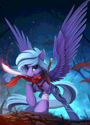 Size: 580x800 | Tagged: safe, artist:imiokun, artist:yakovlev-vad, imported from derpibooru, oc, oc only, pegasus, pony, animated, cinemagraph, clothes, gif, looking at you, male, mouth hold, not luna, scarf, solo, stallion, sword, weapon
