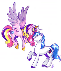 Size: 1575x1839 | Tagged: safe, artist:valkyrie-girl, imported from derpibooru, princess cadance, shining armor, eye contact, female, looking at each other, male, shiningcadance, shipping, simple background, straight, traditional art, white background