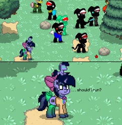 Size: 998x1028 | Tagged: safe, imported from derpibooru, screencap, oc, oc only, oc:purple flix, original species, pony, shark, shark pony, unicorn, pony town, bow, omg, tail bow, wtf