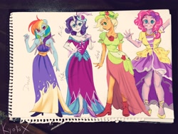 Size: 4608x3456 | Tagged: safe, artist:kyotox33jdi, imported from derpibooru, applejack, pinkie pie, rainbow dash, rarity, anthro, absurd resolution, beautiful, clothes, colored sketch, cute, dress, gala dress, group, high heels, looking at you, sketchbook, smiling, traditional art