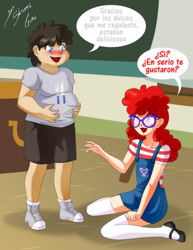 Size: 1024x1325 | Tagged: safe, artist:shinta-girl, imported from derpibooru, truffle shuffle, twist, human, belly, candy, candy cane, chubby, chubby chaser, classroom, clothes, converse, couple, fat, food, fork, humanized, implied weight gain, knife, mary janes, overalls, shipping, shoes, shorts, sneakers, socks, spanish, thigh highs, translated in the comments, truffletwist, valentine's day