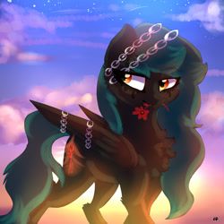 Size: 2000x2000 | Tagged: safe, artist:zaphyray, imported from derpibooru, oc, oc only, pegasus, pony, chains, chest fluff, female, flower, flower in mouth, high res, mare, mouth hold, solo, sunrise