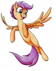 Size: 1647x2071 | Tagged: safe, artist:celestial-rainstorm, imported from derpibooru, scootaloo, pony, crying, female, flying, older, older scootaloo, scootaloo can fly, simple background, solo, tears of joy, traditional art, white background