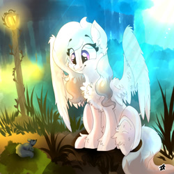 Size: 1700x1700 | Tagged: safe, artist:zaphyray, imported from derpibooru, oc, oc only, pegasus, pony, squirrel, chest fluff, crepuscular rays, ear fluff, female, forest, mare, solo, sun