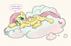 Size: 1280x831 | Tagged: safe, artist:pencils, imported from derpibooru, fluttershy, pegasus, pony, blatant lies, cloud, cute, cutie mark, dialogue, female, folded wings, hilarious in hindsight, hooves, looking sideways, looking up, lying down, lying on a cloud, mare, on a cloud, open mouth, out of character, pure unfiltered evil, shyabetes, smiling, solo, speech bubble, wings