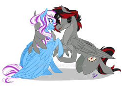 Size: 800x566 | Tagged: safe, artist:basykail, imported from derpibooru, oc, oc only, oc:dark blitz, oc:feather inkhoof, pegasus, pony, commission, cute, female, looking at each other, male, mare, oc x oc, shipping, simple background, smiling, stallion, straight, transparent background, watermark, wing hands