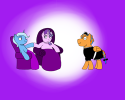 Size: 1280x1024 | Tagged: safe, anonymous artist, imported from derpibooru, starlight glimmer, trixie, oc, oc:cold front, pegasus, pony, unicorn, blanket, bow, chair, clothes, crossdressing, dress, hoofbump, maid, mind control, recliner, smiling
