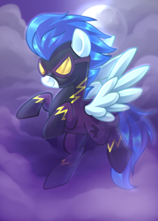 Size: 600x840 | Tagged: safe, artist:drawntildawn, imported from derpibooru, nightshade, pegasus, pony, friendship is magic, clothes, cloud, costume, female, full moon, goggles, moon, night, raised hoof, shadowbolts, shadowbolts costume, smiling, solo, watermark