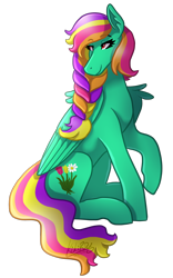 Size: 1126x1800 | Tagged: safe, artist:kikirdcz, imported from derpibooru, oc, oc only, pegasus, pony, art trade, braid, female, hoers, looking back, mare, multicolored hair, raised hoof, simple background, sitting, smiling, solo, transparent background