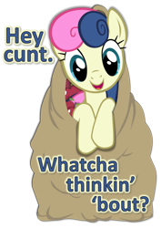 Size: 752x1061 | Tagged: safe, artist:phucknuckl, imported from derpibooru, part of a set, bon bon, sweetie drops, earth pony, pony, female, hey cunt whatcha thinkin' 'bout?, i didn't put those in my bag, simple background, solo, transparent background, vector, vulgar