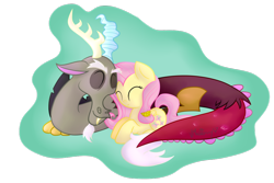 Size: 1024x683 | Tagged: safe, artist:vcm1824, imported from derpibooru, discord, fluttershy, cuddling, cute, discoshy, female, male, shipping, straight