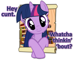 Size: 975x819 | Tagged: safe, artist:phucknuckl, imported from derpibooru, part of a set, twilight sparkle, pony, unicorn, female, hey cunt whatcha thinkin' 'bout?, simple background, solo, transparent background, vector, vulgar