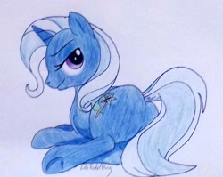 Size: 1280x1021 | Tagged: safe, artist:lilapudelpony, imported from derpibooru, trixie, pony, unicorn, butt, female, looking at you, plot, smiling, solo, traditional art, underhoof