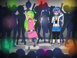 Size: 2000x1500 | Tagged: safe, artist:kathara_khan, imported from derpibooru, dj pon-3, lemon zest, vinyl scratch, equestria girls, armpits, belly button, blushing, choker, clothes, converse, crush, crystal prep shadowbolts, dancing, devil horn (gesture), dress, ear piercing, earring, female, headphones, jacket, jewelry, kisekae, knees weak, leggings, lemonscratch, lesbian, love at first sight, midriff, party, piercing, shipping, shoes, shorts, shut up and dance, silhouette, sneakers, socks, spiked choker, spiked wristband, striped socks, sunglasses, tanktop, walk the moon, wristband