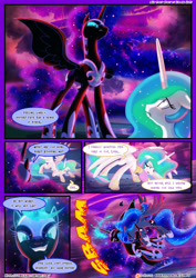 Size: 3500x4950 | Tagged: safe, artist:light262, artist:lummh, imported from derpibooru, nightmare moon, princess celestia, princess luna, alicorn, pony, comic:timey wimey, absurd resolution, color porn, comic, dialogue, eyes closed, hitting, magic, open mouth, rescue, restrained, speech bubble