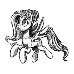 Size: 1024x1024 | Tagged: safe, artist:ichrillu, deleted from derpibooru, imported from derpibooru, fluttershy, alternate hairstyle, flower in tail, looking up, monochrome, simple background, sketch, solo, spread wings, white background