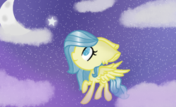 Size: 1024x621 | Tagged: safe, artist:strawberrycupcakes7, imported from derpibooru, oc, oc only, oc:lemon splashes, pegasus, pony, cloud, sky, solo, stars