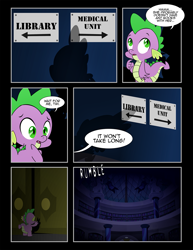 Size: 1275x1650 | Tagged: safe, artist:dsana, imported from derpibooru, spike, dragon, comic:to look after, canterlot library, comic, deleted scene, library, male, solo