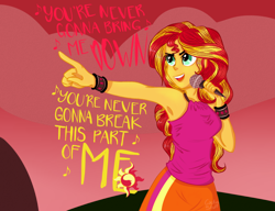 Size: 1280x985 | Tagged: safe, artist:cactus-stuff, imported from derpibooru, sunset shimmer, equestria girls, armpits, female, lyrics, microphone, singing, solo, text