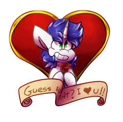 Size: 1024x1017 | Tagged: safe, artist:crownedspade, imported from derpibooru, oc, oc only, oc:vocal score, pony, unicorn, banner, flower, heart, male, rose, simple background, solo, stallion, transparent background, valentine, valentine's day