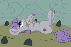 Size: 1966x1306 | Tagged: safe, artist:paskanaakka, derpibooru exclusive, imported from derpibooru, maud pie, pony, colored hooves, female, looking at something, missing accessory, on back, rock, solo, unshorn fetlocks