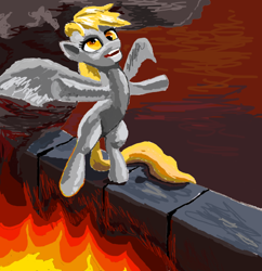 Size: 676x697 | Tagged: safe, artist:astardragon, imported from derpibooru, derpy hooves, pegasus, pony, bipedal, female, fire, solo, wall