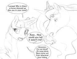 Size: 1280x989 | Tagged: safe, artist:silfoe, imported from derpibooru, twilight sparkle, oc, oc:horace octavius reginald sorrel edward, alicorn, horse, pony, apple, dialogue, duo, food, glowing horn, grammar error, grayscale, implied princess luna, jewelry, magic, mister ed, monochrome, offscreen character, open mouth, regalia, simple background, sketch, twilight sparkle (alicorn), white background, wig, wrong your