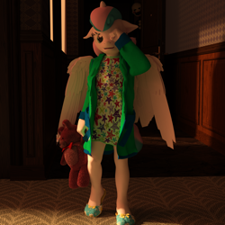 Size: 2000x2000 | Tagged: safe, artist:tahublade7, imported from derpibooru, princess flurry heart, alicorn, anthro, plantigrade anthro, 3d, clothes, daz studio, female, five nights at freddy's, morning ponies, older, open mouth, pajamas, puppet (fnaf2), robe, rubbing, slippers, solo, sunrise, teddy bear, tired