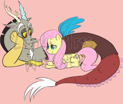 Size: 1199x1013 | Tagged: safe, artist:littlemisswrecker, imported from derpibooru, discord, fluttershy, cute, discoshy, discute, female, male, obtrusive watermark, shipping, straight, watermark