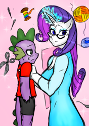 Size: 1024x1453 | Tagged: safe, artist:cabrony, artist:franschesco, imported from derpibooru, rarity, spike, anthro, dragon, clothes, colored, female, glasses, glowing horn, lifting, male, shipping, sparity, straight