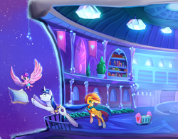 Size: 2100x1650 | Tagged: safe, artist:viwrastupr, imported from derpibooru, part of a set, discord, princess flurry heart, shining armor, sunburst, backwards cutie mark, balcony, book, cloak, clothes, color porn, crib, crystal empire, father and daughter, flying, glasses, mouth hold, night, pillow, pulling, scenery, smiling, spread wings, stars, trio