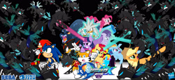 Size: 3215x1476 | Tagged: safe, artist:trungtranhaitrung, imported from derpibooru, applejack, pinkie pie, rainbow dash, starlight glimmer, sunset shimmer, twilight sparkle, alicorn, changeling, earth pony, pegasus, pony, unicorn, ursa minor, arm cannon, beam, clone, crossover, fight, jumping, kicking, knuckles the echidna, miles "tails" prower, party cannon, punch, shadow the hedgehog, shooting, silver the hedgehog, sonic the hedgehog, sonic the hedgehog (series), twilight sparkle (alicorn)