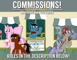 Size: 6822x5309 | Tagged: safe, artist:sketchmcreations, imported from derpibooru, diamond tiara, gilda, oc, oc:fiddle-dee-dee, oc:princess cherry blossom, oc:severe weather, oc:sketch mythos, oc:wispy willows, alicorn, earth pony, griffon, pegasus, pony, unicorn, absurd resolution, clothes, commission, commission info, food, glasses, ice cream, scarf, vector