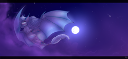 Size: 4200x1960 | Tagged: safe, artist:nightskrill, imported from derpibooru, oc, oc only, dracony, hybrid, pony, absurd resolution, commission, female, flying, full moon, large wings, looking at you, mare, moon, night, solo, wings