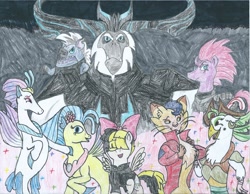 Size: 2189x1700 | Tagged: safe, artist:triforce-treasure, imported from derpibooru, capper dapperpaws, captain celaeno, fizzlepop berrytwist, grubber, princess skystar, queen novo, songbird serenade, storm king, tempest shadow, anthro, cat, pony, seapony (g4), my little pony: the movie, angry, anthro with ponies, armor, broken horn, chest fluff, clothes, coat, ear piercing, earring, eye scar, female, frown, happy, hat, jewelry, looking at you, mare, open mouth, piercing, scar, traditional art