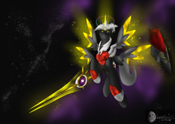 Size: 1024x724 | Tagged: safe, artist:humble-ravenwolf, imported from derpibooru, oc, oc only, oc:ravenhoof, alicorn, pony, alicorn oc, crown, four winged, halo, jewelry, male, regalia, shield, space, stallion, sword, weapon