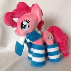 Size: 1936x1936 | Tagged: safe, artist:burgunzik, imported from derpibooru, pinkie pie, pony, clothes, irl, photo, plushie, scarf, socks, solo, striped socks