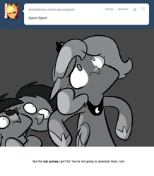 Size: 666x763 | Tagged: safe, artist:egophiliac, imported from derpibooru, princess luna, oc, oc:frolicsome meadowlark, oc:sunshine smiles (egophiliac), bat pony, pony, moonstuck, eyepatch, filly, grayscale, monochrome, scared, tumblr, tumblr comic, woona, woonoggles, younger