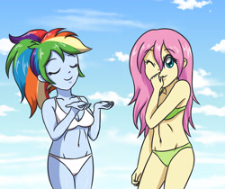 Size: 3507x2952 | Tagged: safe, artist:sumin6301, imported from derpibooru, fluttershy, rainbow dash, equestria girls, alternate hairstyle, belly button, bikini, bra, breasts, cleavage, clothes, cloud, eyes closed, female, flutterdash, green swimsuit, legs together, lesbian, looking at you, panties, shipping, sky, swimsuit, underwear, white swimsuit