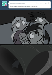 Size: 666x950 | Tagged: safe, artist:egophiliac, imported from derpibooru, princess luna, oc, oc:frolicsome meadowlark, oc:sunshine smiles (egophiliac), bat pony, pony, moonstuck, cartographer's hat-boat, eyepatch, female, filly, grayscale, hurricane, marauder's mantle, monochrome, scared, tumblr, tumblr comic, woona, younger