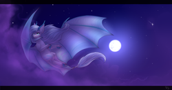 Size: 3700x1960 | Tagged: safe, artist:nightskrill, imported from derpibooru, oc, oc only, dracony, hybrid, pony, cloud, commission, commission info, female, flying, full moon, horn, large wings, looking at you, mare, moon, night, solo, spread wings, stars, wings