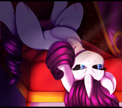 Size: 2200x1948 | Tagged: safe, artist:iblisart, imported from derpibooru, rarity, pony, unicorn, couch, female, lidded eyes, lying down, mare, on back, smiling, solo, upside down