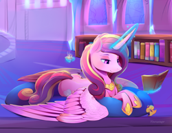 Size: 2200x1700 | Tagged: safe, artist:viwrastupr, imported from derpibooru, princess cadance, alicorn, pony, book, castle, cup, female, glowing horn, jewelry, lidded eyes, magic, mare, pillow, prone, reading, regalia, smiling, solo